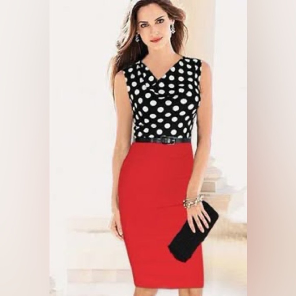 Yisijnet‎ Women's Sleeveless Dress Black White Polka Dots Red Skirt Cowl Neck